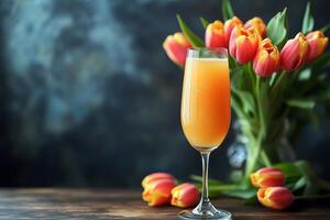 A glass of orange juice with tulips in the background photo
