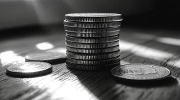 A black and white photo of coins on a table