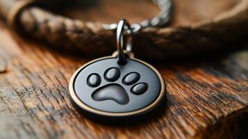 A dog paw print on a black metal dog tag photo