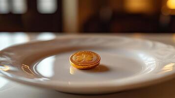 A small gold coin sitting on a white plate photo