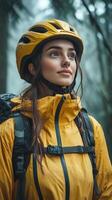 A woman wearing a yellow rain jacket and a helmet photo