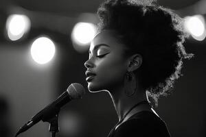 A woman with an afro singing into a microphone photo