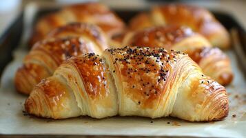 A tray of croissants with sesame seeds photo