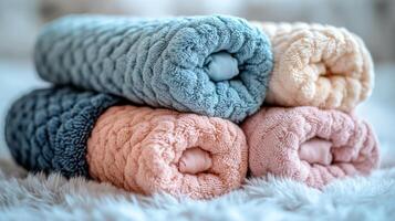 Three towels with different colors on a white blanket photo