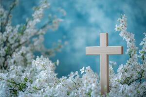 A wooden cross is placed in front of a white blossom tree photo