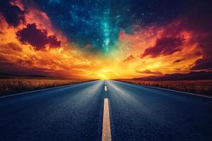 An empty road with a sunset in the background photo