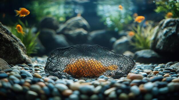 An orange fish in a net on a gravel surface photo