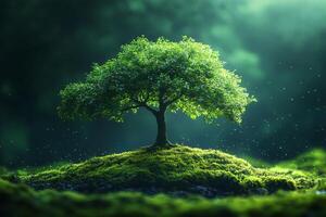 A tree is standing on a green mossy hill photo