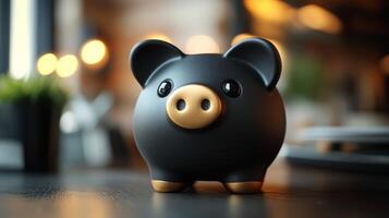 A black piggy bank sitting on a table photo