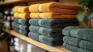 A row of towels on a shelf in a bathroom photo