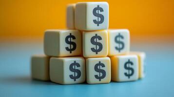 Stacked money blocks showcasing dollar signs on a pastel background with soft lighting photo