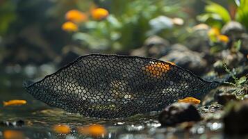 A net in the water with goldfish photo