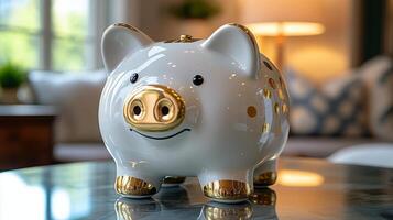 A white piggy bank with gold accents sitting on a table photo