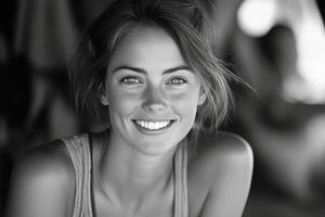 A black and white photo of a woman smiling