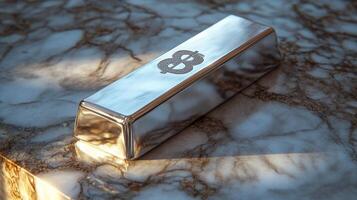 Silver bar resting on polished marble surface reflecting sunlight in a serene environment photo