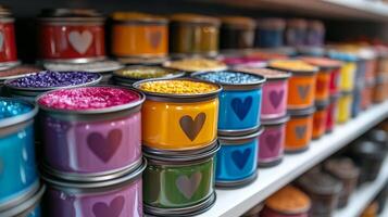 A shelf full of colorful tins with hearts on them photo