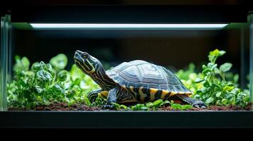 Colorful turtle resting on lush greenery in a well-lit aquarium habitat photo