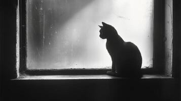 un negro y blanco foto de un gato sentado en un ventana umbral