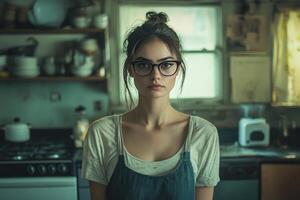 A woman in glasses standing in a kitchen photo
