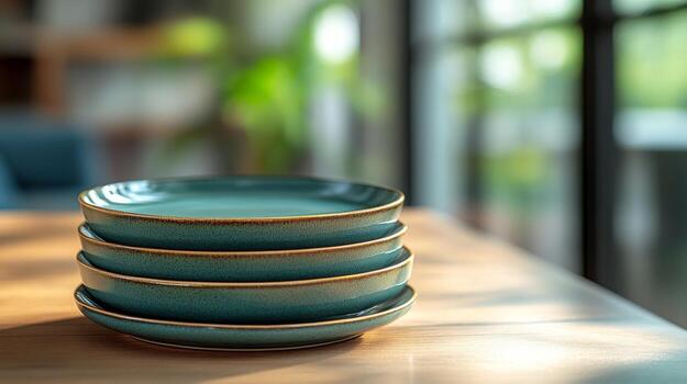 A stack of three blue plates on a table photo