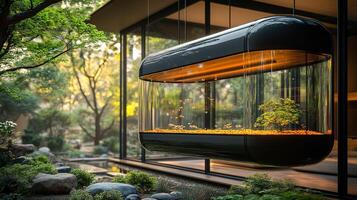 A glass fish tank suspended from the ceiling photo