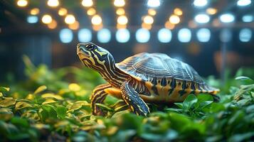 A turtle is standing in front of a light photo