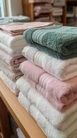 A stack of towels on a wooden table photo