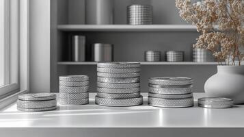 A vase of flowers and some silver containers on a table photo