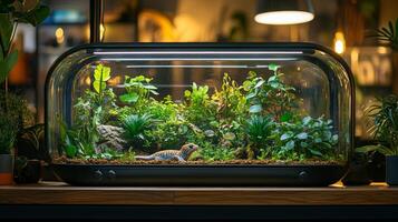 Lifelike terrarium featuring lush greenery and a small reptilian figurine in a cozy indoor setting photo
