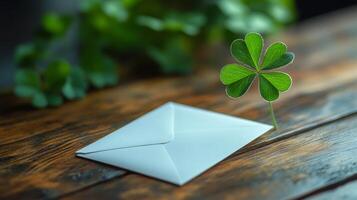 Four leaf clover on a wooden table photo