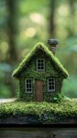 A miniature house made of moss and wood photo