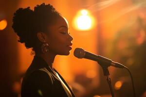 Singer performing on stage during live music event in black and white photo
