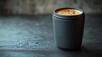 A black cup with coffee in it photo