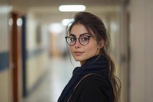 A woman wearing glasses and a scarf in a hallway photo