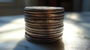Silver coins stacked on a wooden surface illuminated by sunlight in a minimalist setting photo