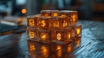 A group of cubes with glowing icons on them photo