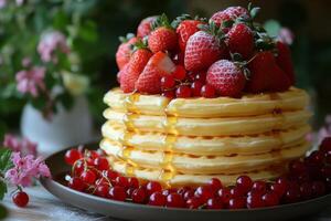 Delicious stack of fluffy pancakes topped with fresh strawberries and red currants on a rustic table photo