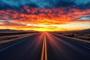 Vibrant sunset painting the sky with colors over an open road stretching towards the horizon photo
