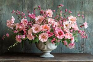 A vase filled with pink flowers on a wooden table photo