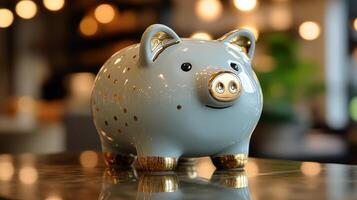 A piggy bank with gold accents sitting on a table photo