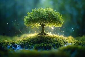 A tree is growing on a mossy hill photo