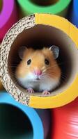 Cute hamster peeking out from a colorful cardboard tube in a playful setup photo