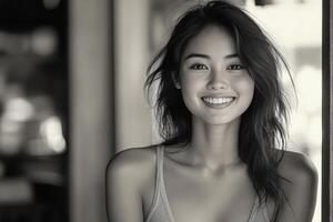 Smiling young woman with natural beauty enjoying a sunny day outdoors in a serene environment photo