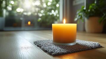 Candle on the floor in front of a window photo