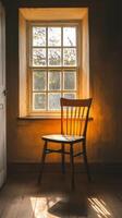 A wooden chair sitting in front of a window photo