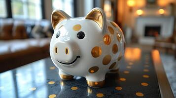 A gold and white piggy bank sitting on a table photo