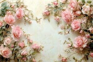 Pink roses are arranged in a heart shape on a white background photo