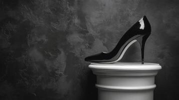 A black high heel shoe on top of a pedestal photo