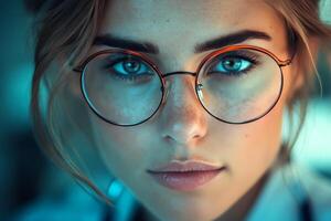 A woman with glasses and blue eyes photo