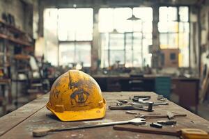 A hard hat sits on a table in a workshop photo